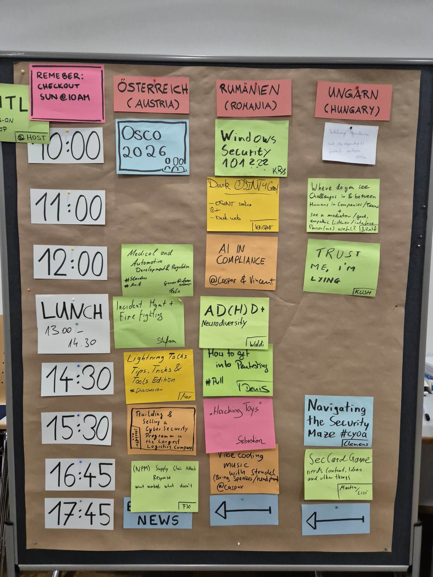 The picture shows the session board of one of the conference days showing a variety of sessions. From neurodiversity to Windows security to hacking 'toys'.